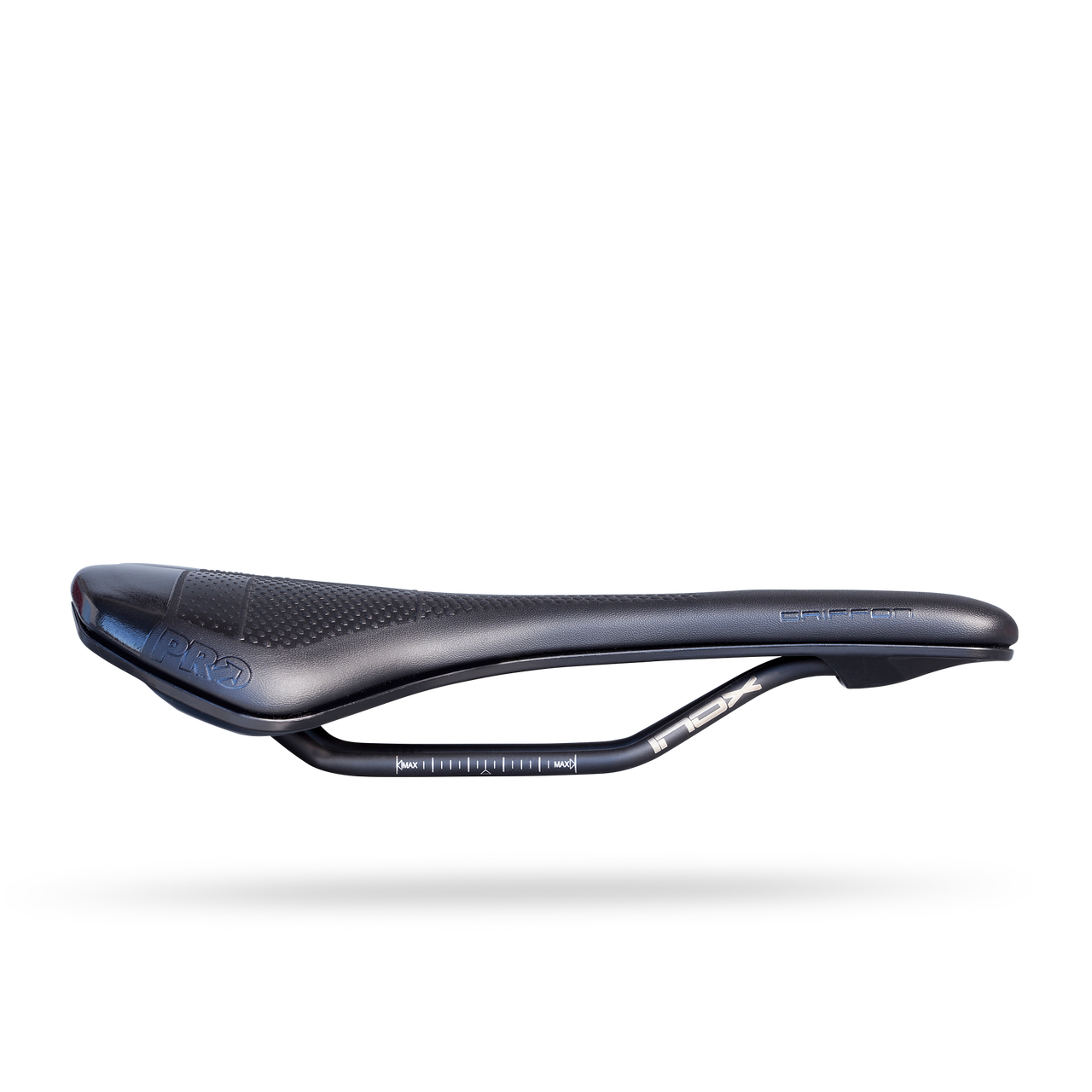 PRO Griffon Gel road bike saddle with flat side profile, rounded rear profile, and stainless-steel rails.