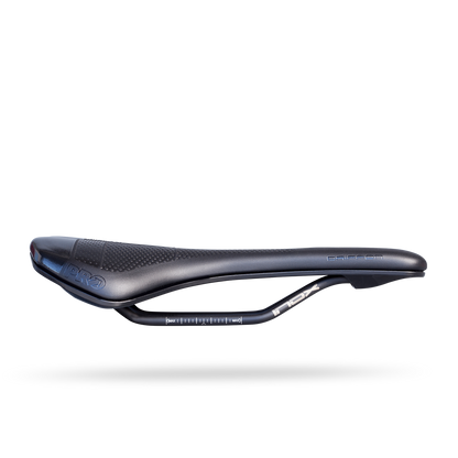 PRO Griffon Gel road bike saddle with flat side profile, rounded rear profile, and stainless-steel rails.